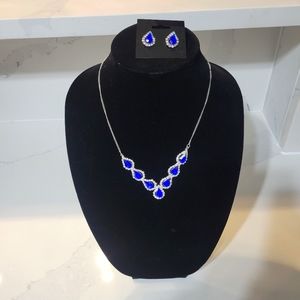 Jaclyn Smith Pear Shaped Faux Sapphire Diamond Accent Necklace Set Silver Tone